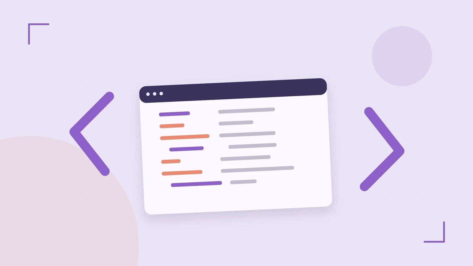 Editorial illustration of an abstract code editor, syntax blocks and oversized programming brackets