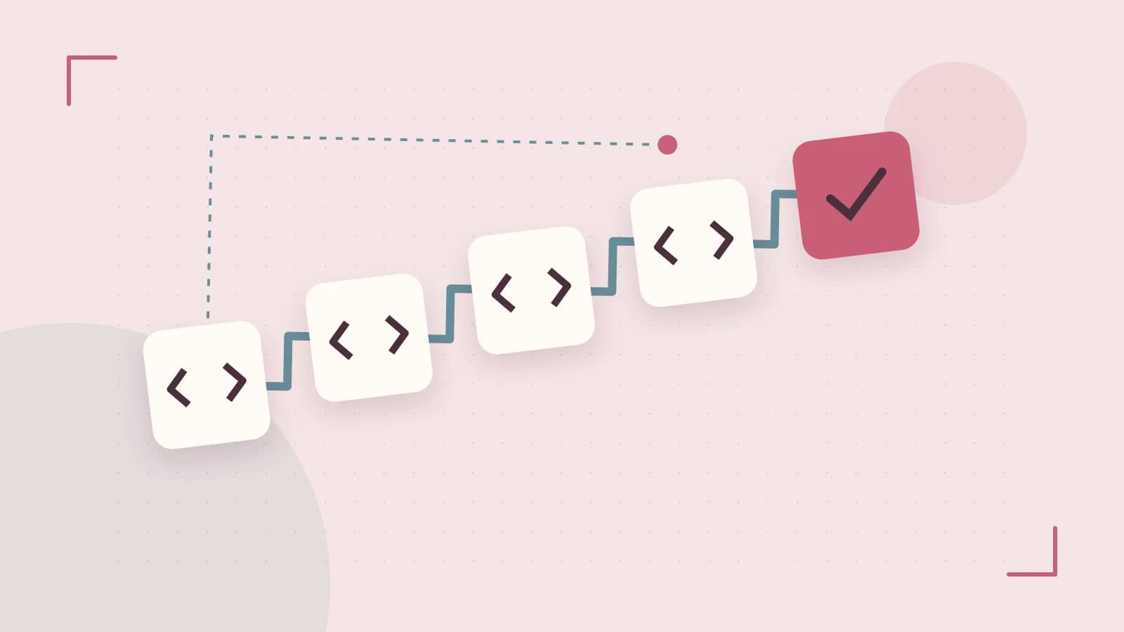 Editorial illustration of a branching build pipeline, staged transformations and a completed check
