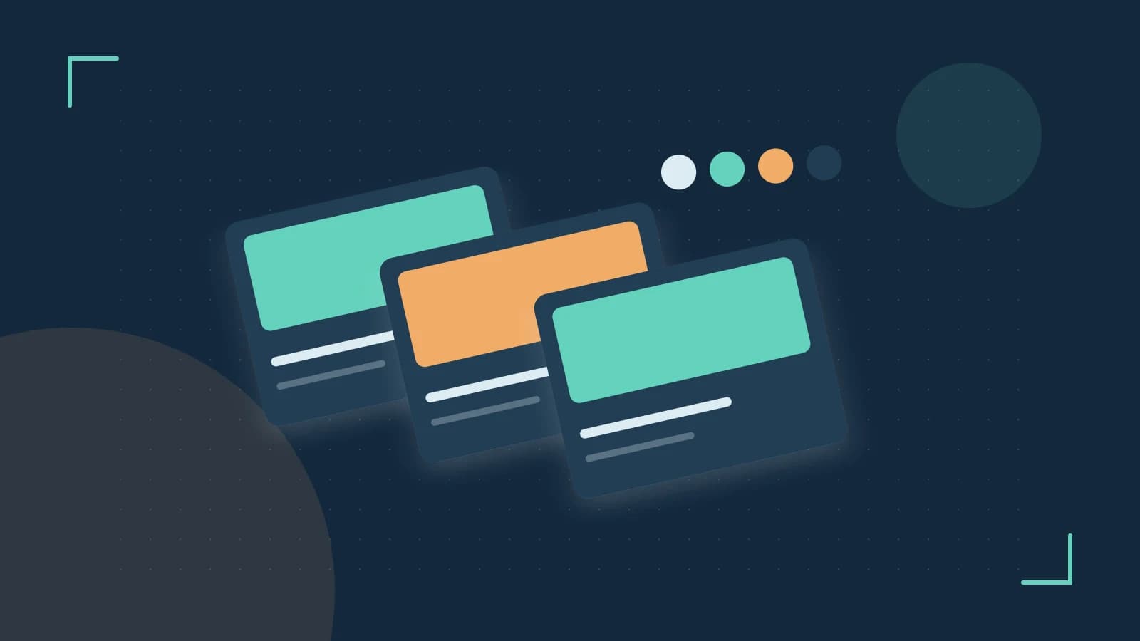 Editorial illustration of responsive browser layouts, overlapping design components and a color system