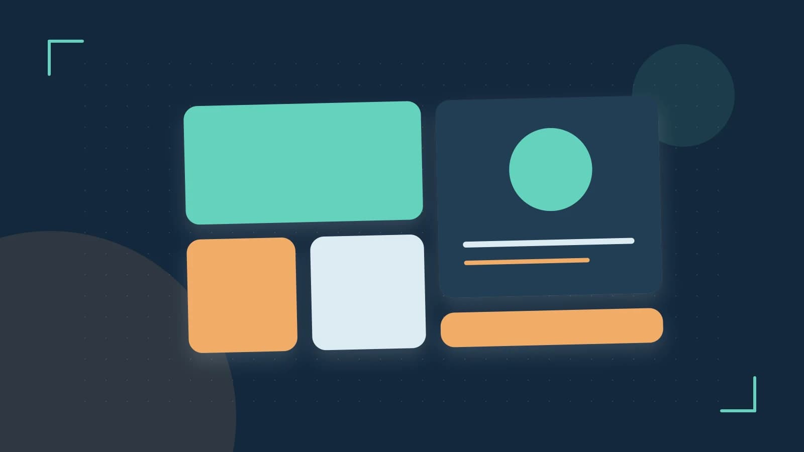 Editorial illustration of responsive browser layouts, overlapping design components and a color system
