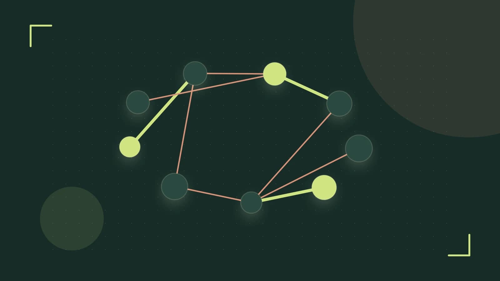 Editorial illustration of an algorithmic node graph with branching paths and a highlighted result