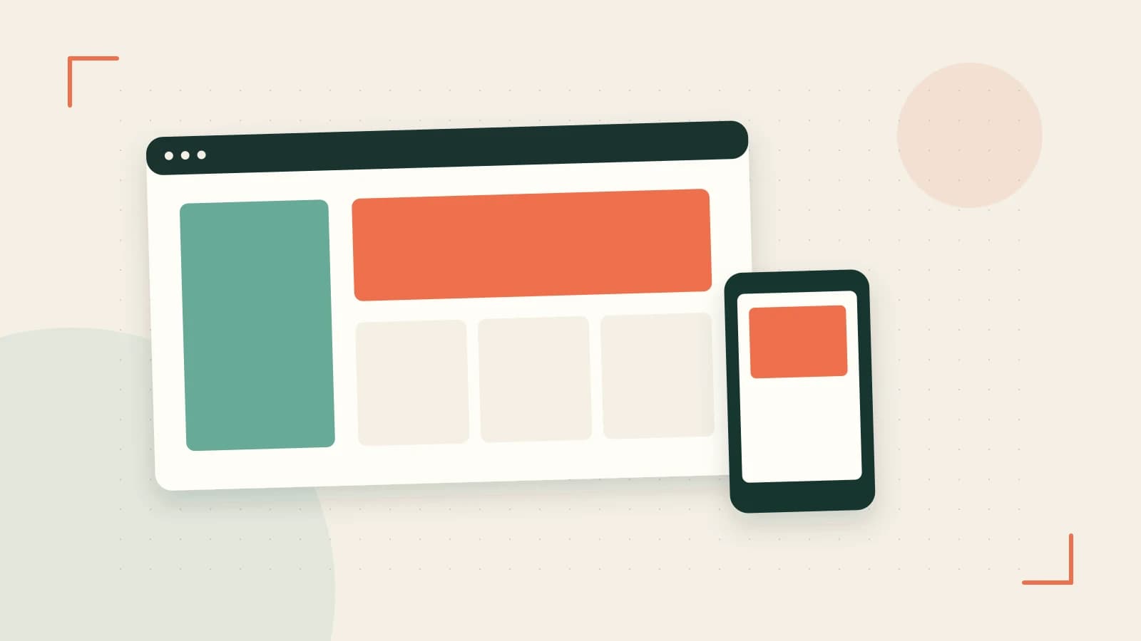 Editorial illustration of responsive browser layouts, overlapping design components and a color system