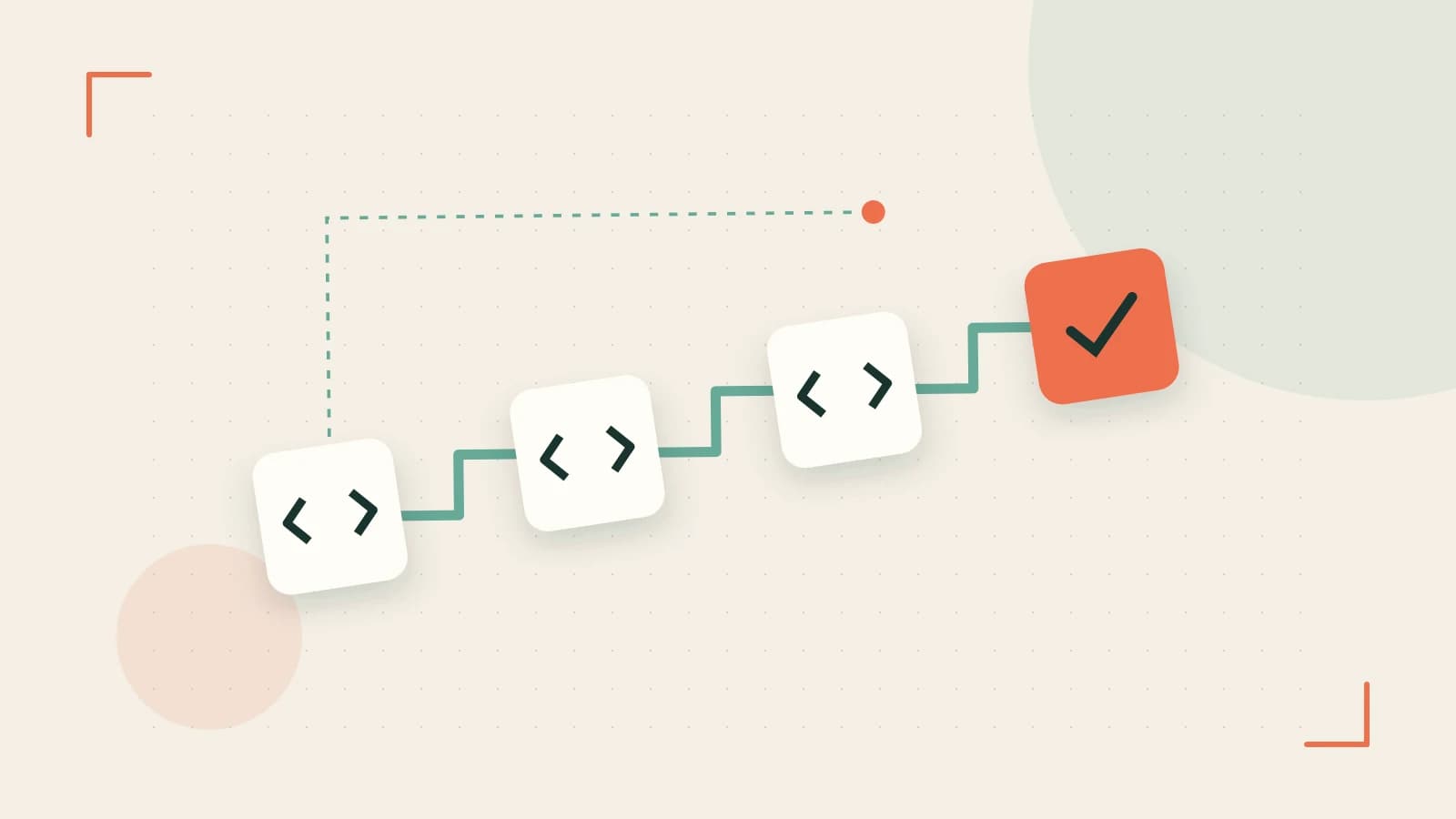 Editorial illustration of a branching build pipeline, staged transformations and a completed check