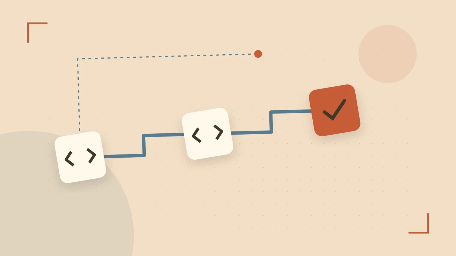 Editorial illustration of a branching build pipeline, staged transformations and a completed check