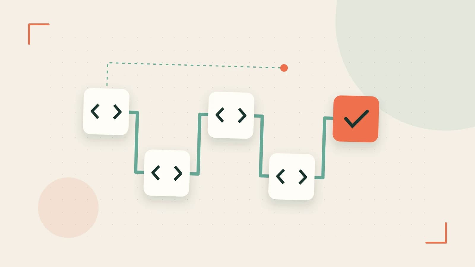 Editorial illustration of a branching build pipeline, staged transformations and a completed check