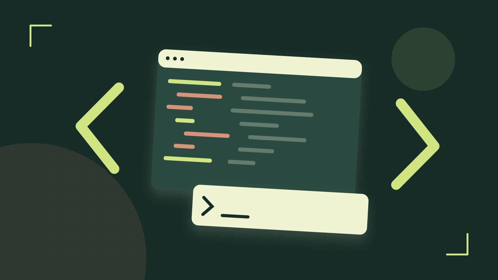 Editorial illustration of an abstract code editor, syntax blocks and oversized programming brackets