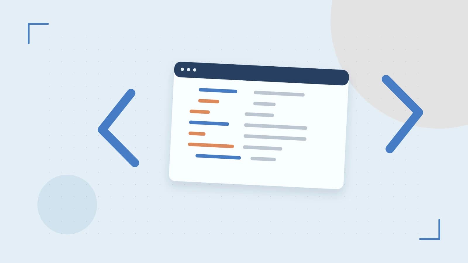 Editorial illustration of an abstract code editor, syntax blocks and oversized programming brackets