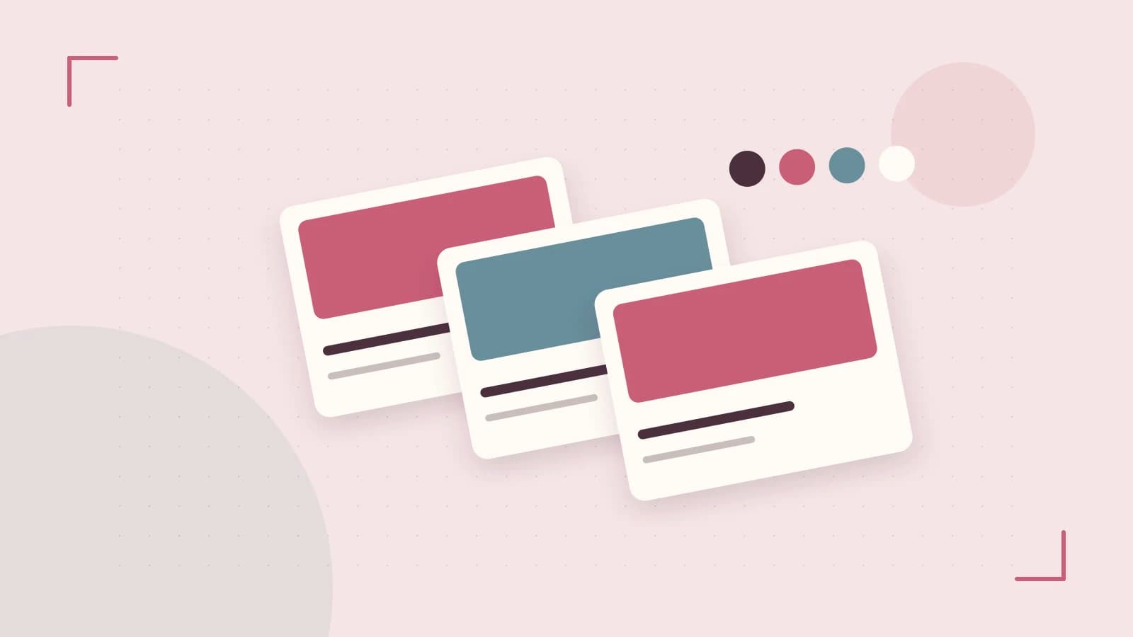 Editorial illustration of responsive browser layouts, overlapping design components and a color system