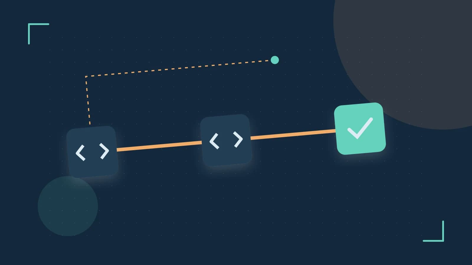 Editorial illustration of a branching build pipeline, staged transformations and a completed check