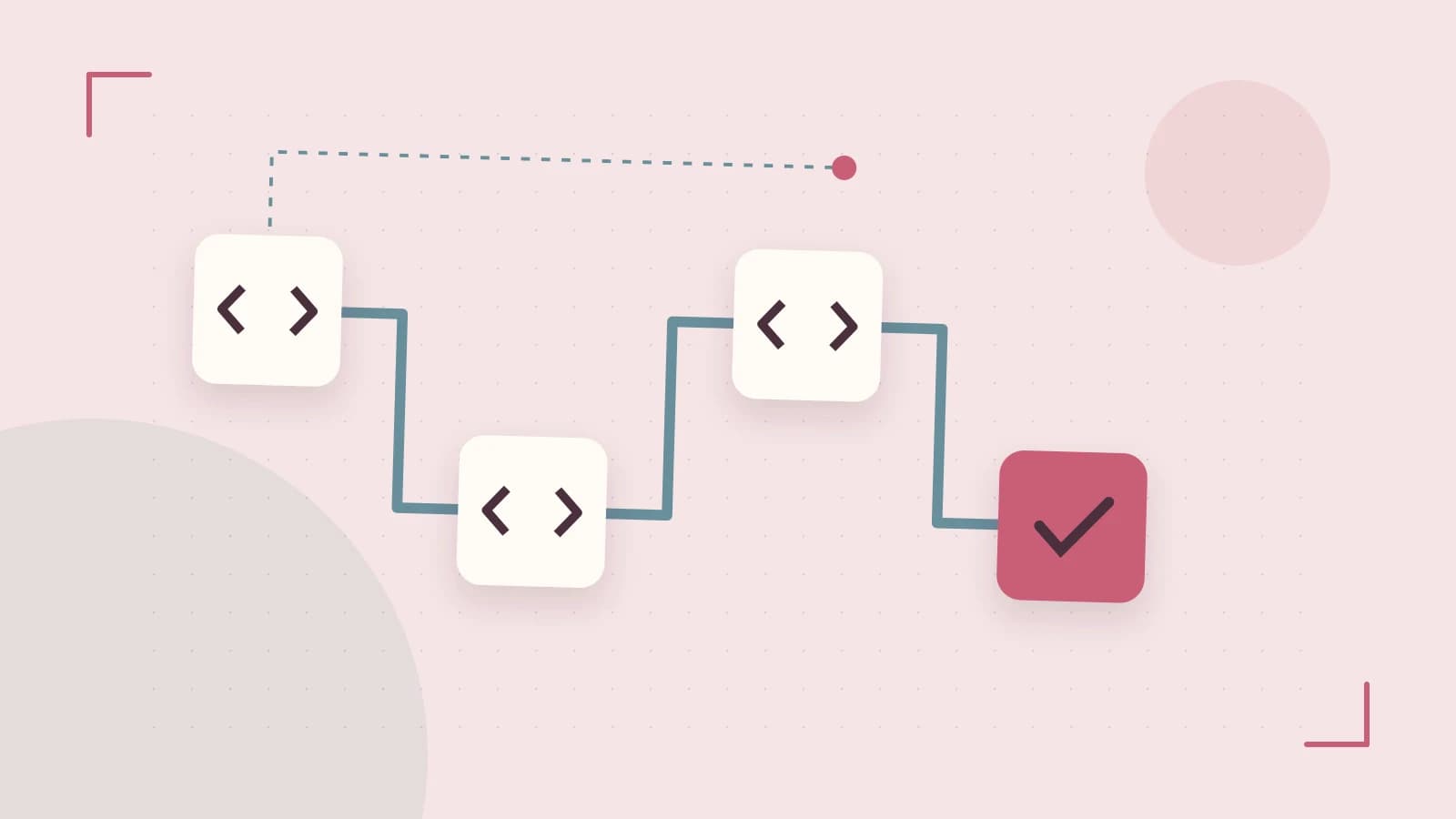 Editorial illustration of a branching build pipeline, staged transformations and a completed check