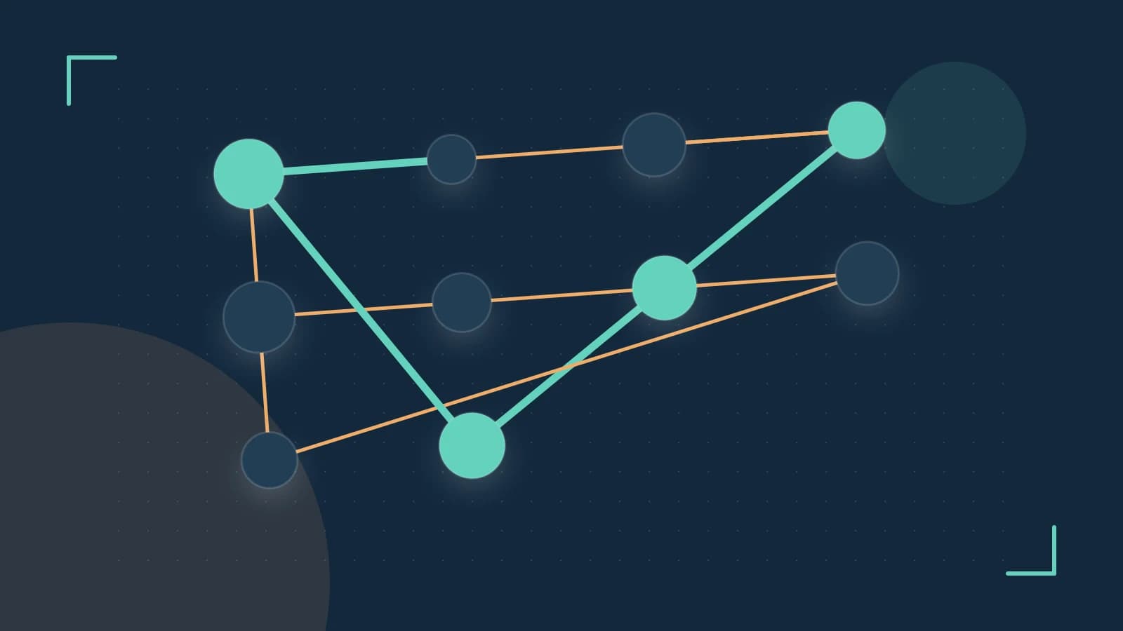 Editorial illustration of an algorithmic node graph with branching paths and a highlighted result