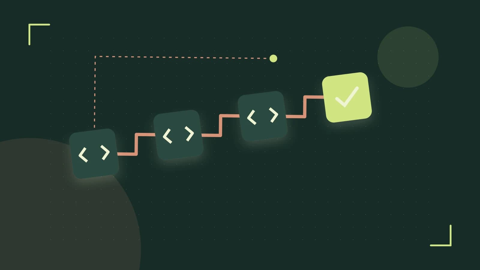Editorial illustration of a branching build pipeline, staged transformations and a completed check