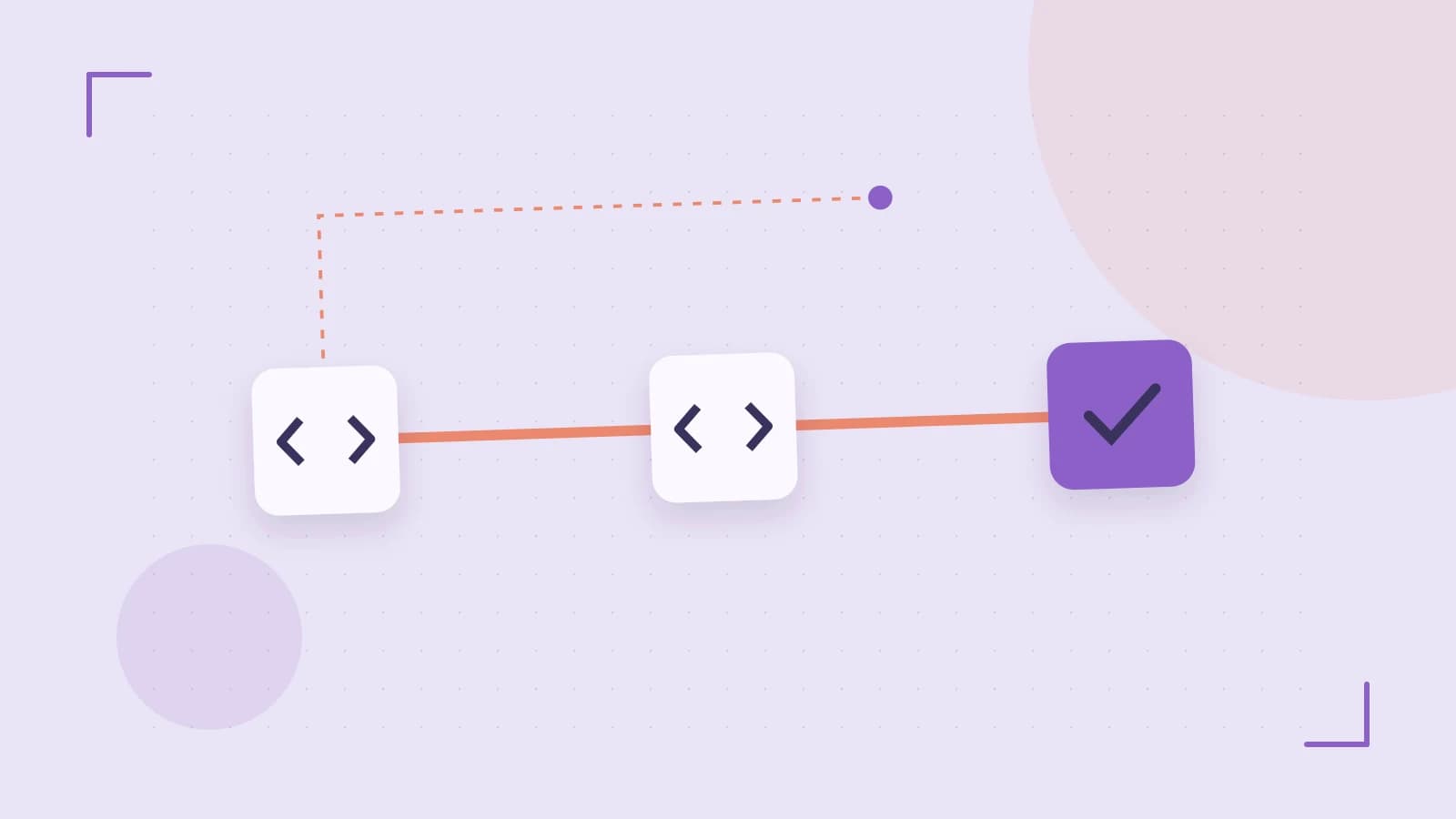 Editorial illustration of a branching build pipeline, staged transformations and a completed check