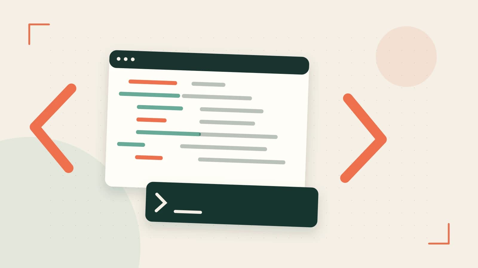 Editorial illustration of an abstract code editor, syntax blocks and oversized programming brackets