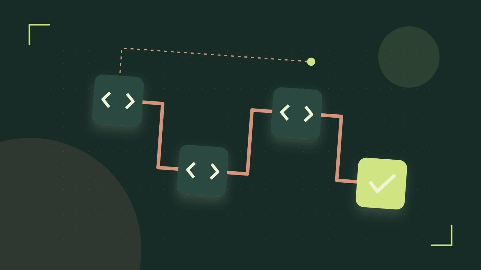 Editorial illustration of a branching build pipeline, staged transformations and a completed check