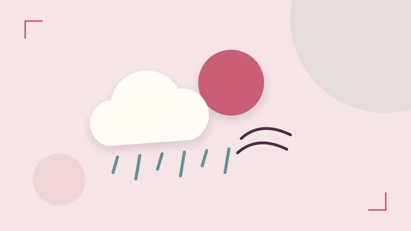 Editorial illustration of a sun, layered clouds, raindrops and flowing weather patterns