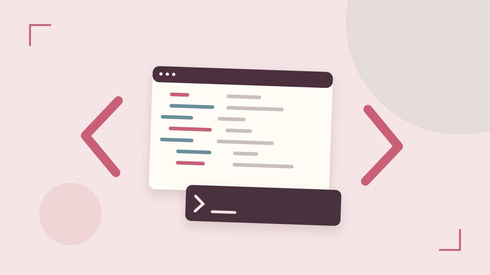Editorial illustration of an abstract code editor, syntax blocks and oversized programming brackets