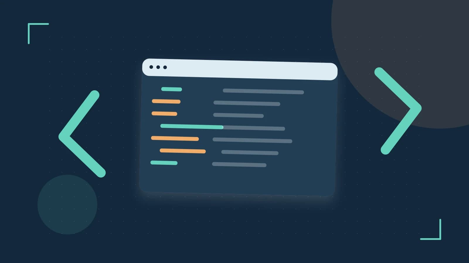 Editorial illustration of an abstract code editor, syntax blocks and oversized programming brackets