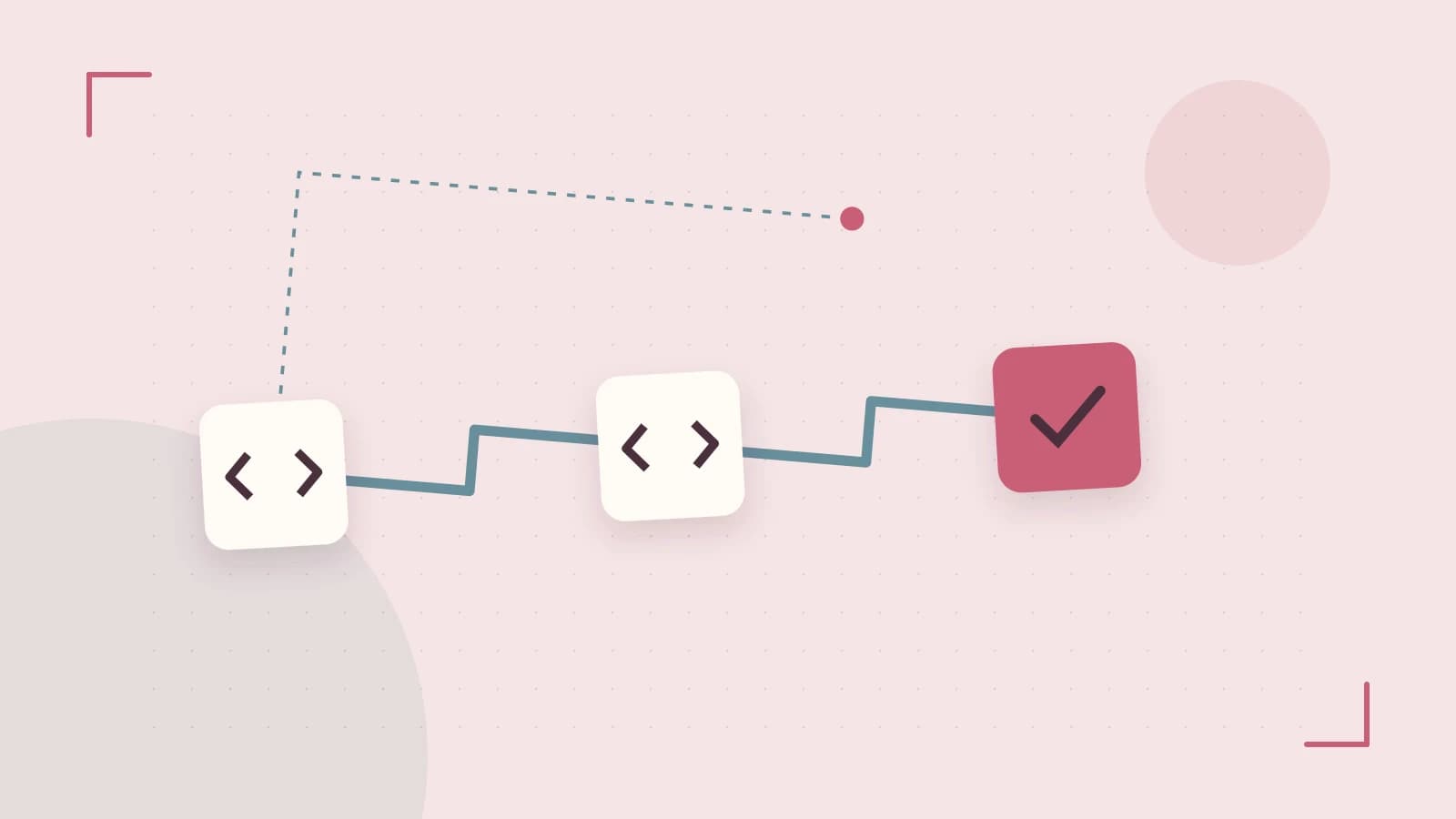 Editorial illustration of a branching build pipeline, staged transformations and a completed check