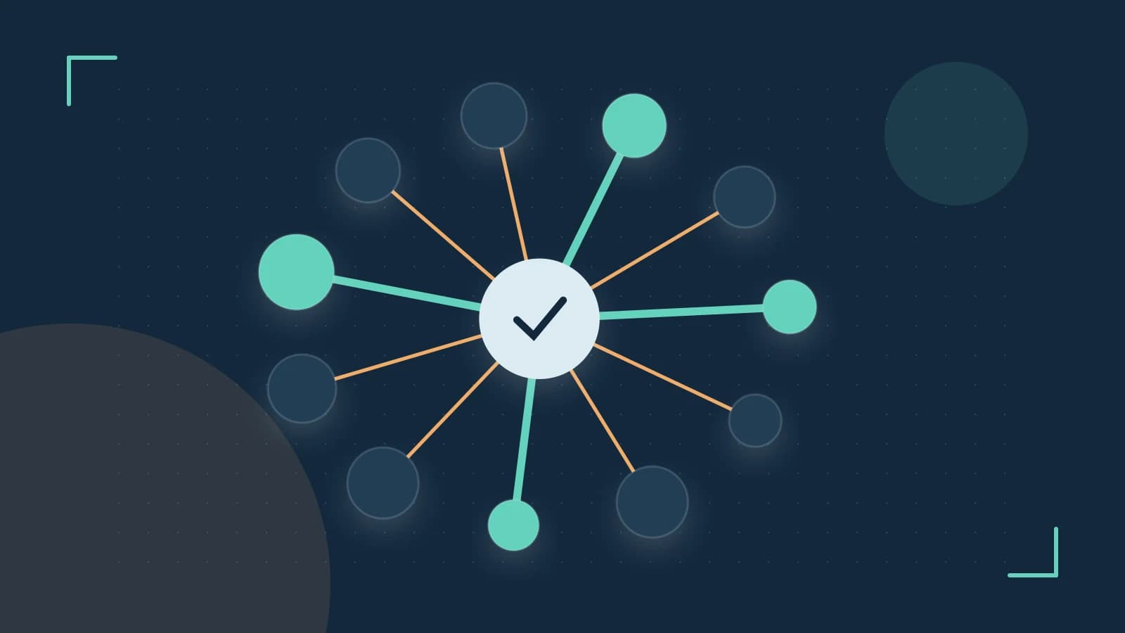 Editorial illustration of an algorithmic node graph with branching paths and a highlighted result