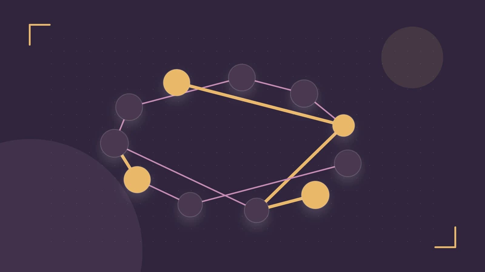 Editorial illustration of an algorithmic node graph with branching paths and a highlighted result