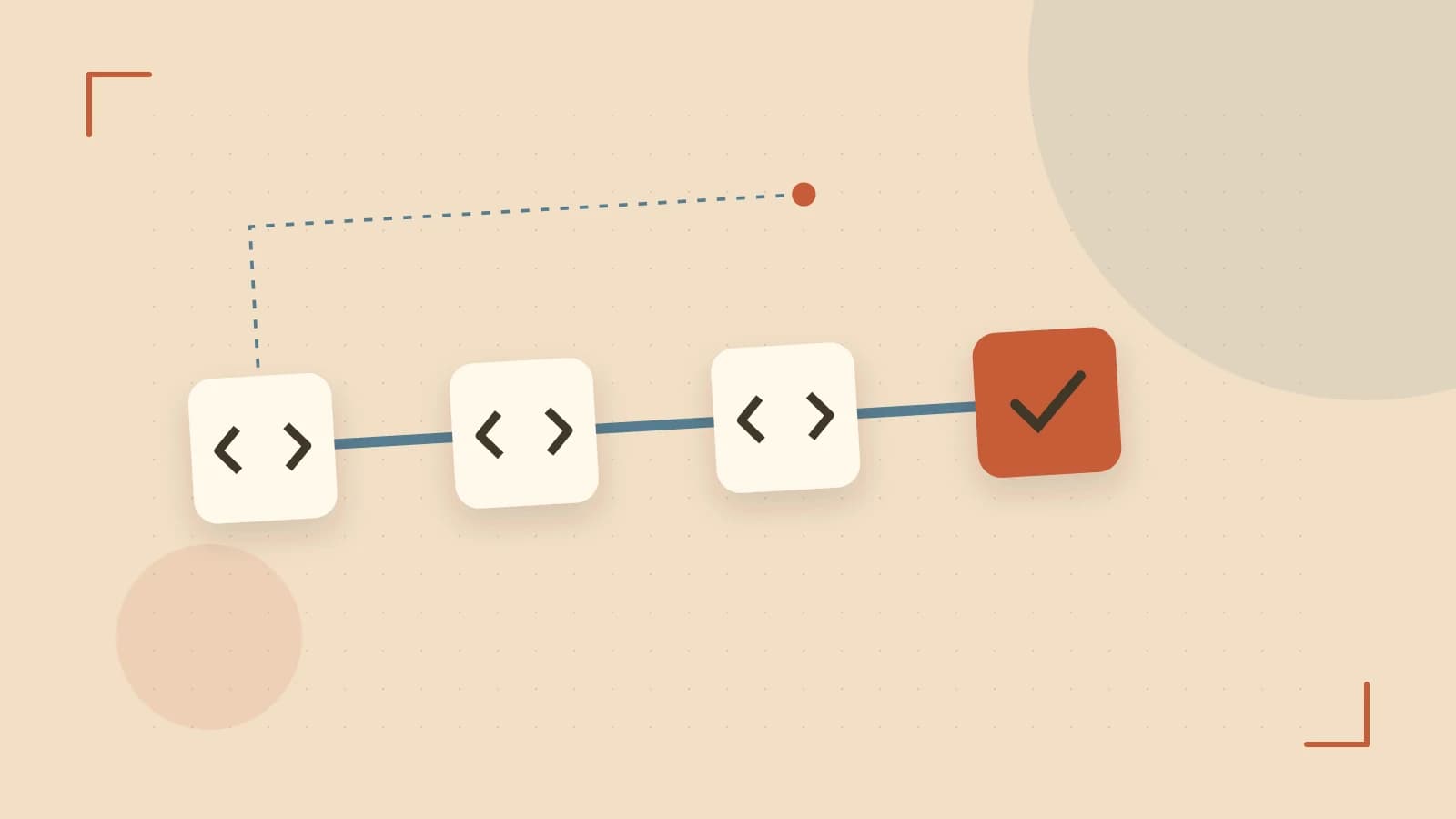 Editorial illustration of a branching build pipeline, staged transformations and a completed check