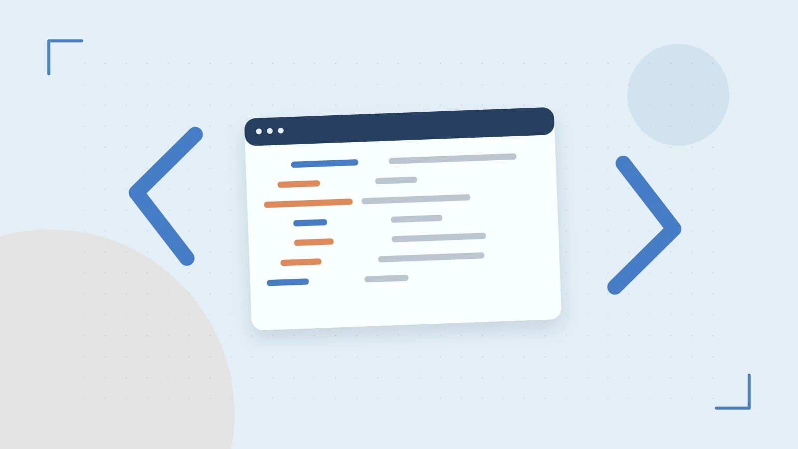 Editorial illustration of an abstract code editor, syntax blocks and oversized programming brackets
