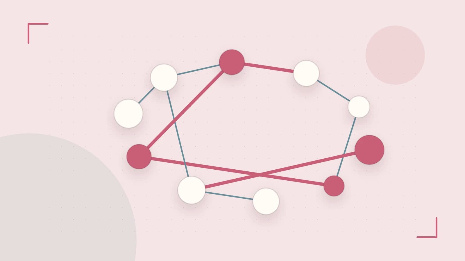Editorial illustration of an algorithmic node graph with branching paths and a highlighted result