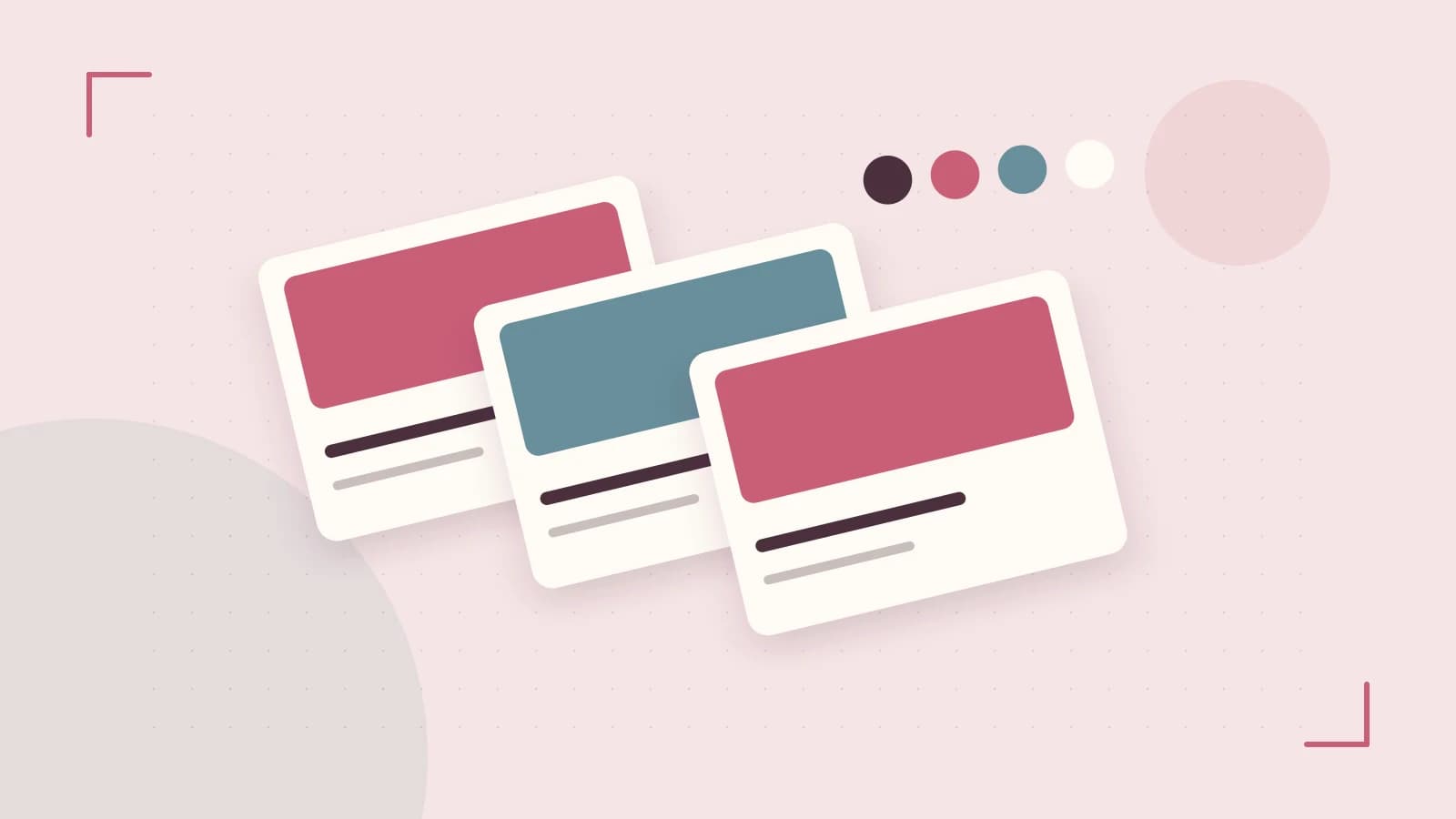 Editorial illustration of responsive browser layouts, overlapping design components and a color system
