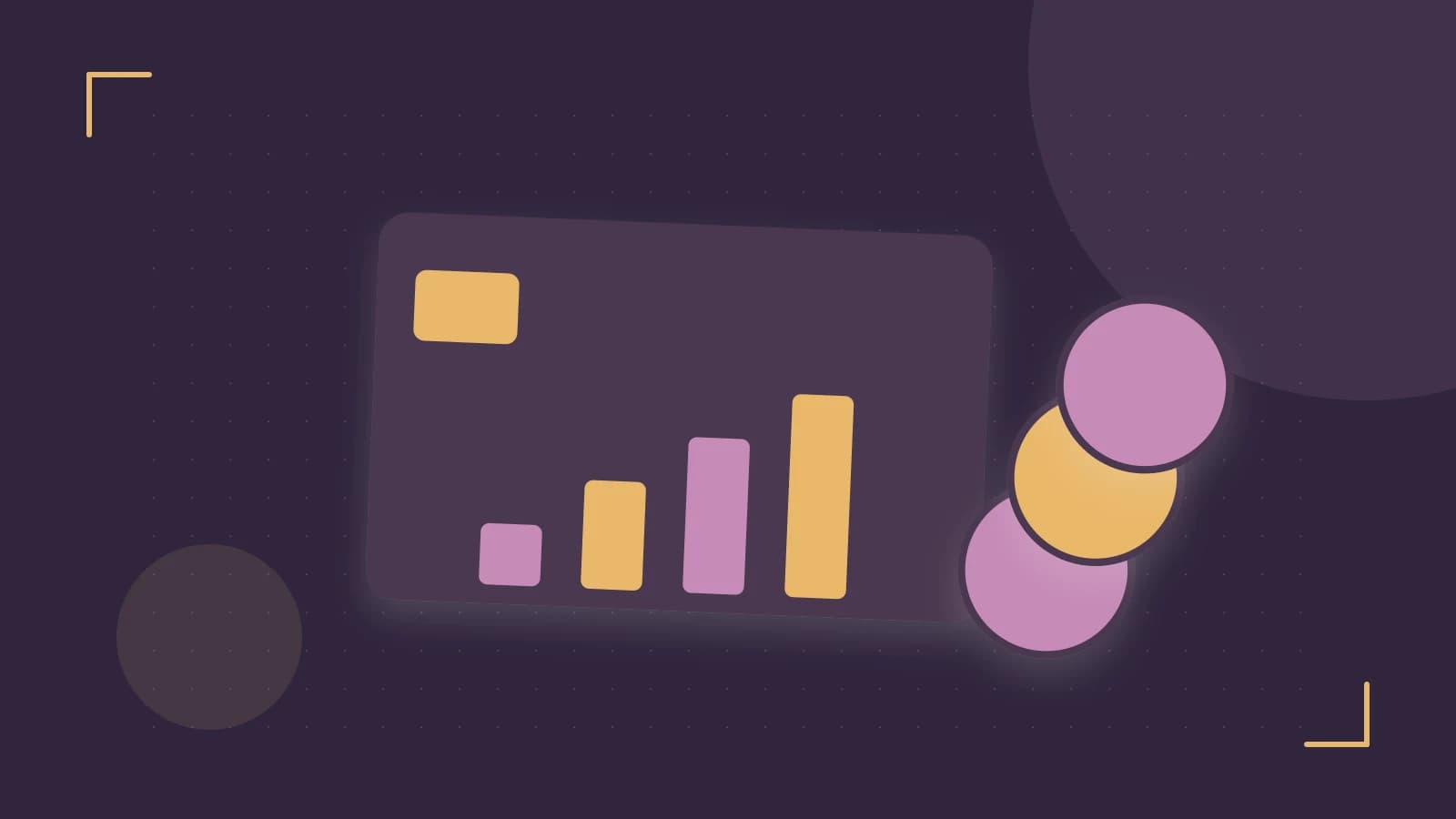 Editorial illustration of abstract coins, a payment card and a geometric financial chart without data labels