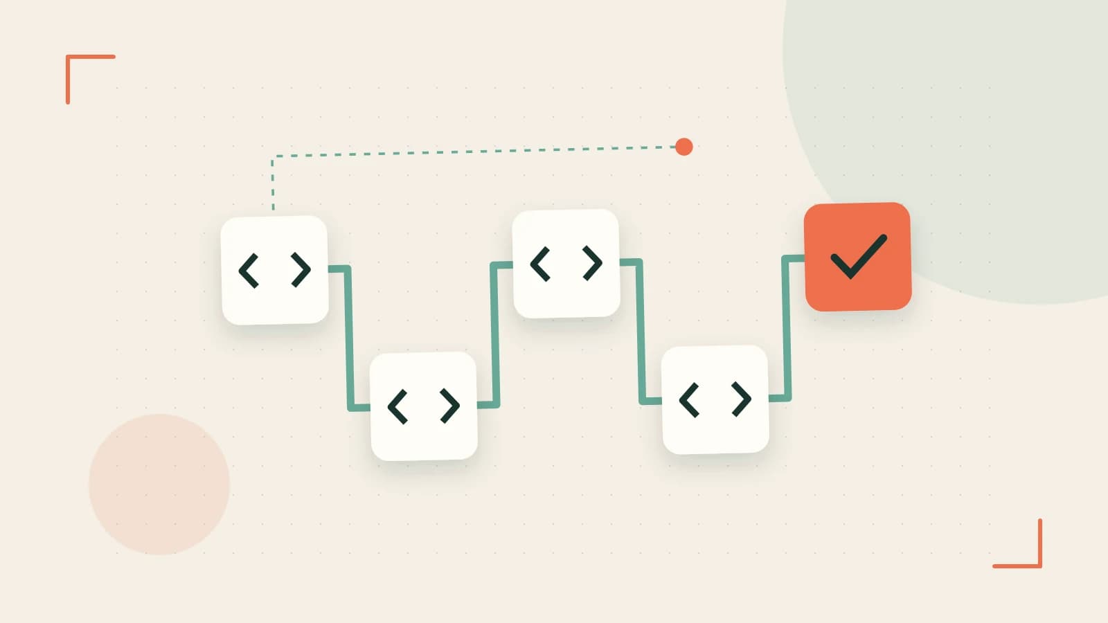 Editorial illustration of a branching build pipeline, staged transformations and a completed check