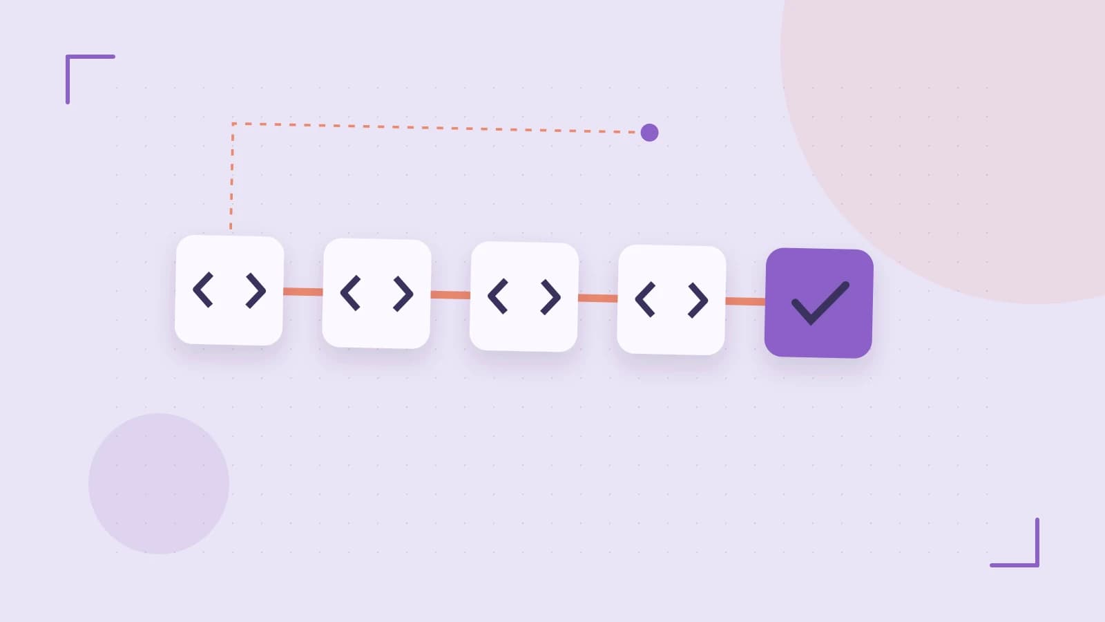 Editorial illustration of a branching build pipeline, staged transformations and a completed check