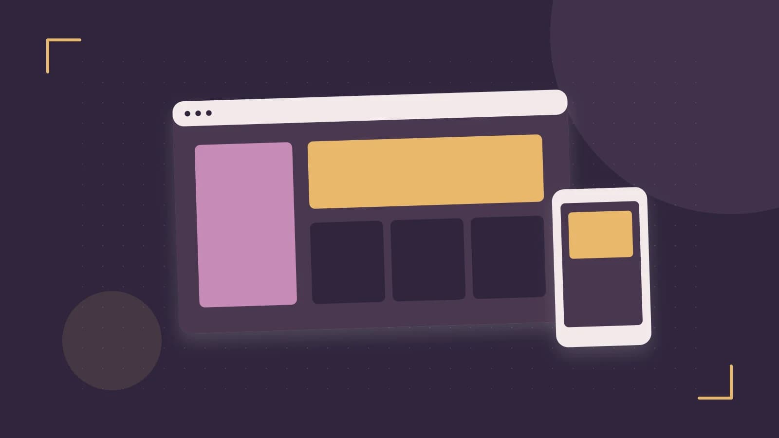 Editorial illustration of responsive browser layouts, overlapping design components and a color system