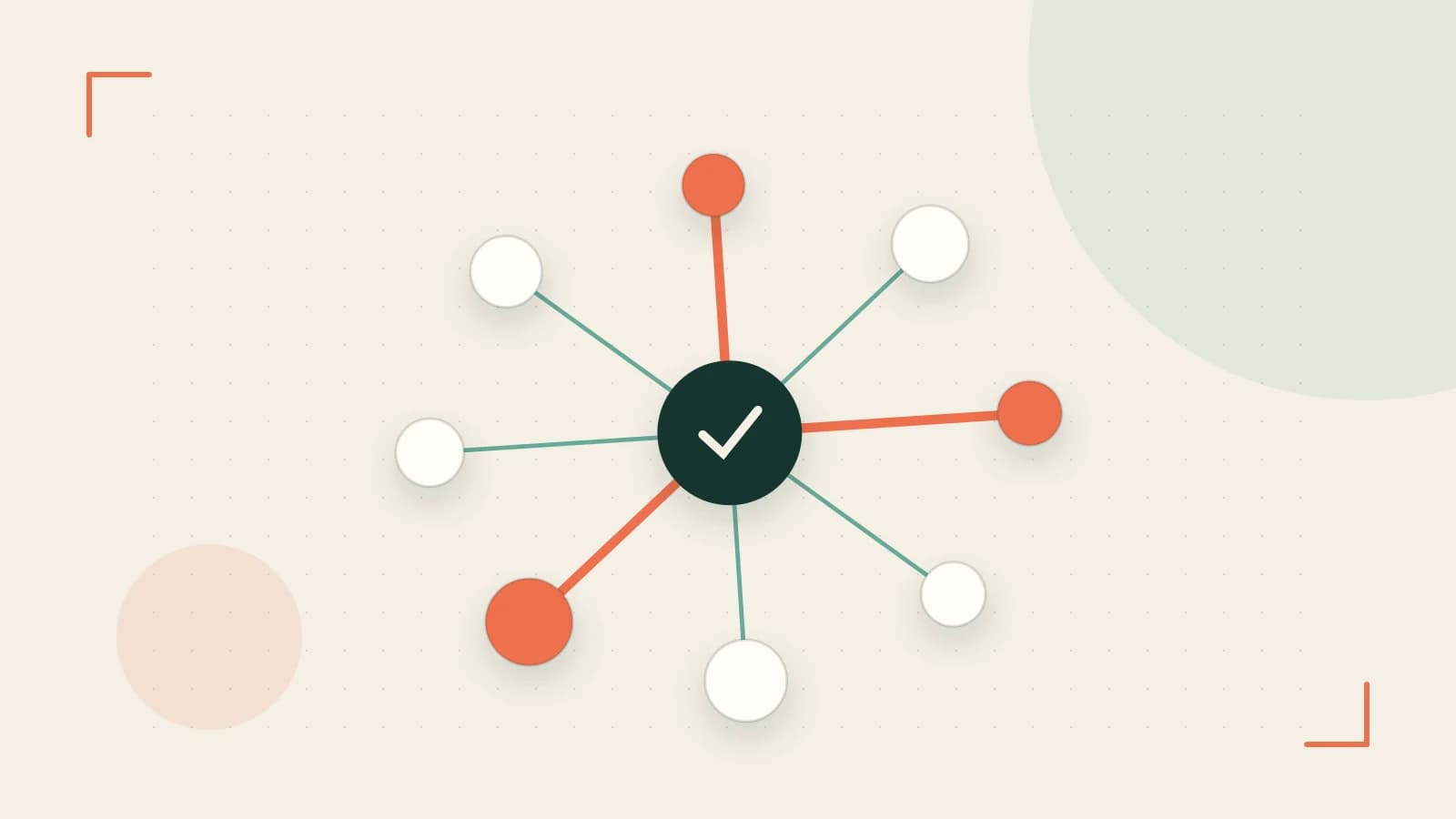 Editorial illustration of an algorithmic node graph with branching paths and a highlighted result