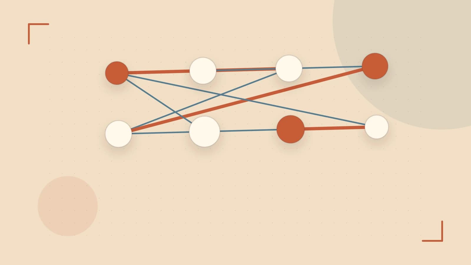 Editorial illustration of an algorithmic node graph with branching paths and a highlighted result