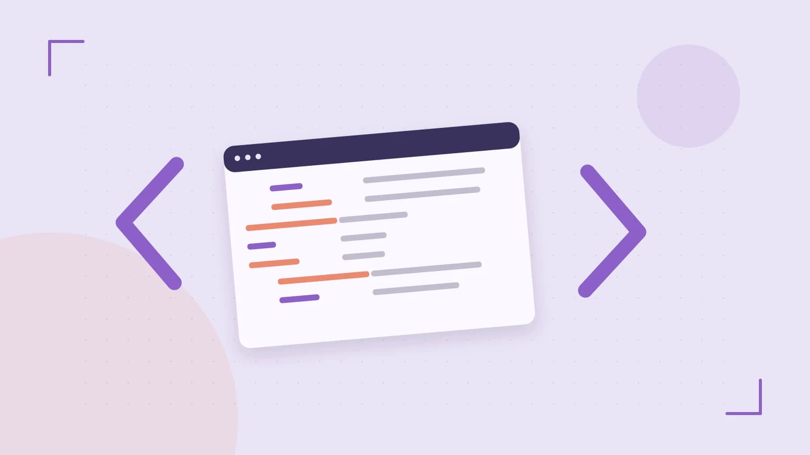 Editorial illustration of an abstract code editor, syntax blocks and oversized programming brackets