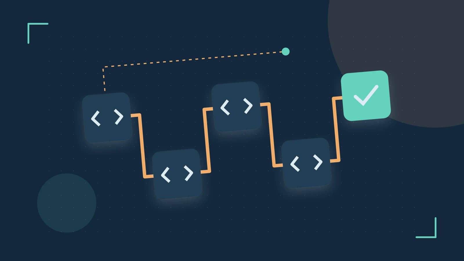 Editorial illustration of a branching build pipeline, staged transformations and a completed check
