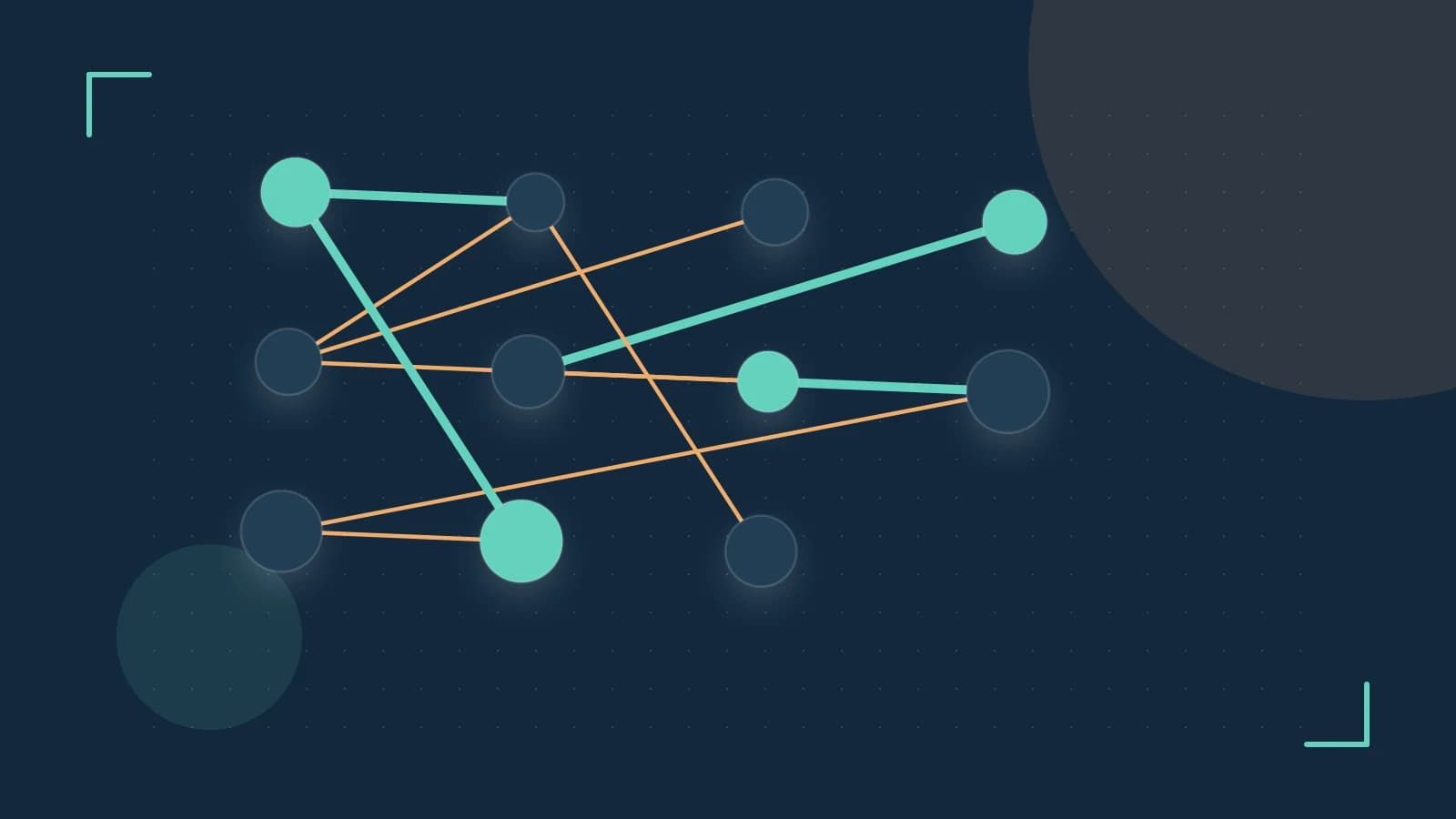 Editorial illustration of an algorithmic node graph with branching paths and a highlighted result