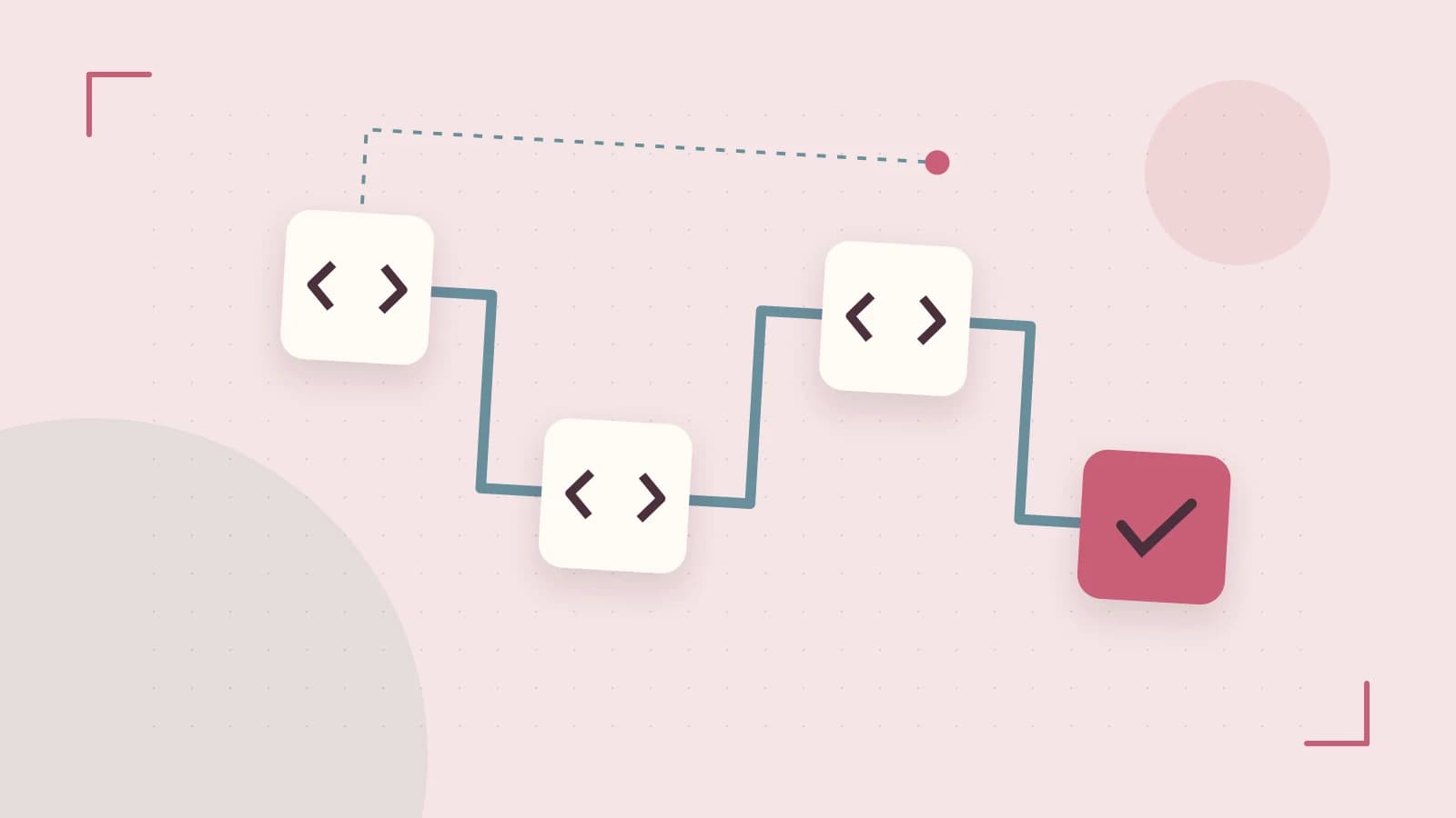 Editorial illustration of a branching build pipeline, staged transformations and a completed check