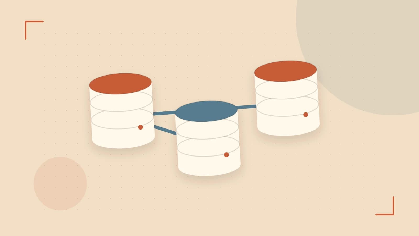 Editorial illustration of structured records, database cylinders and relationships between tables