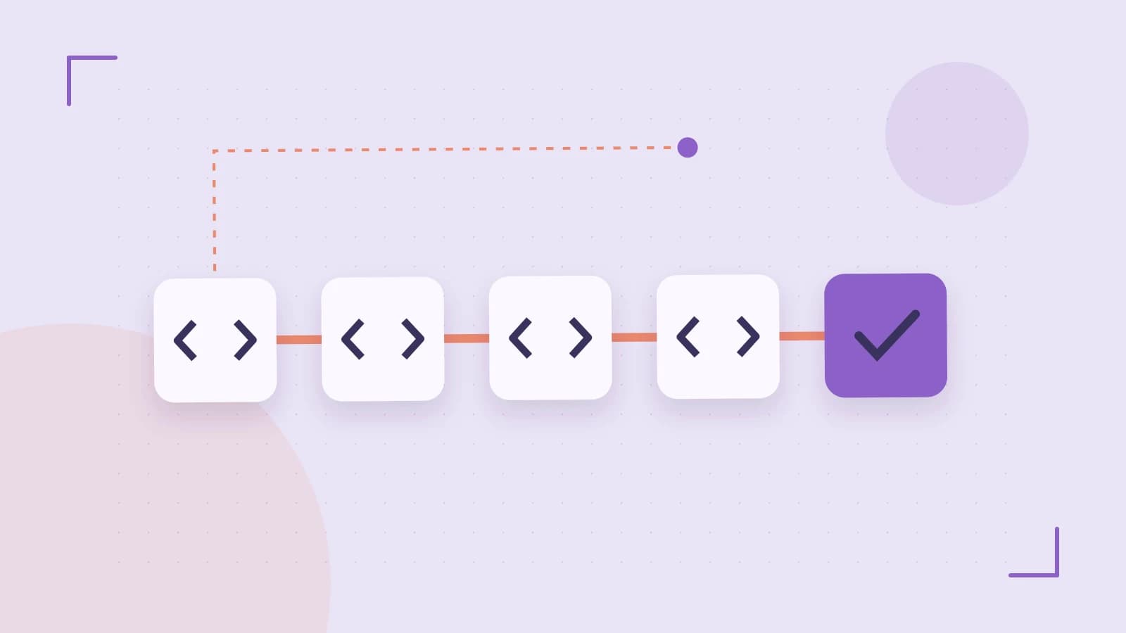 Editorial illustration of a branching build pipeline, staged transformations and a completed check