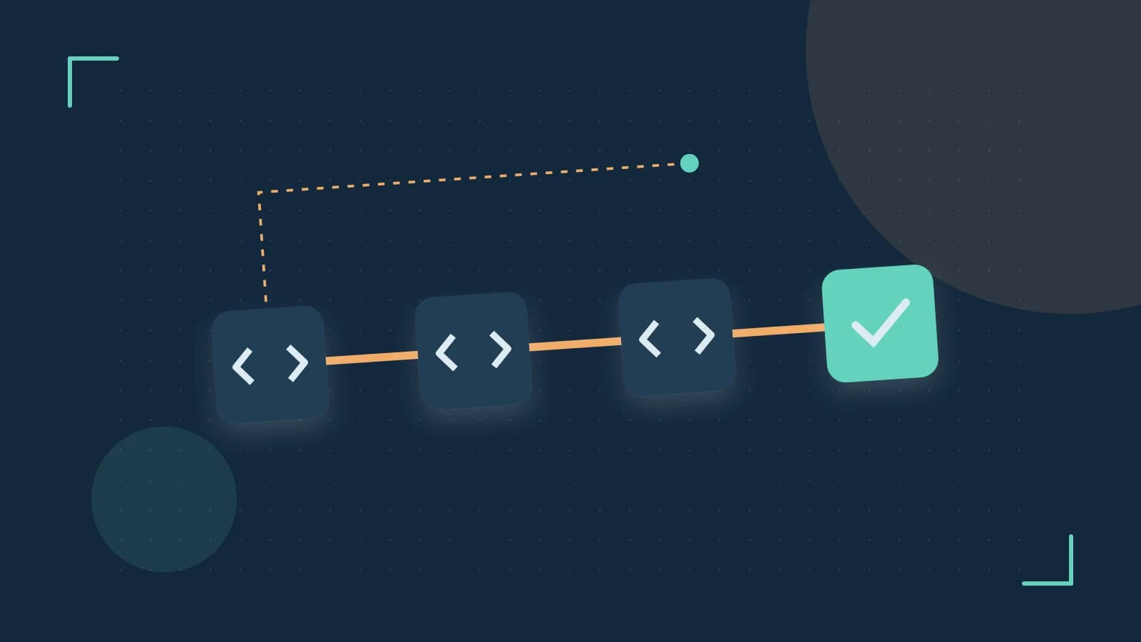 Editorial illustration of a branching build pipeline, staged transformations and a completed check