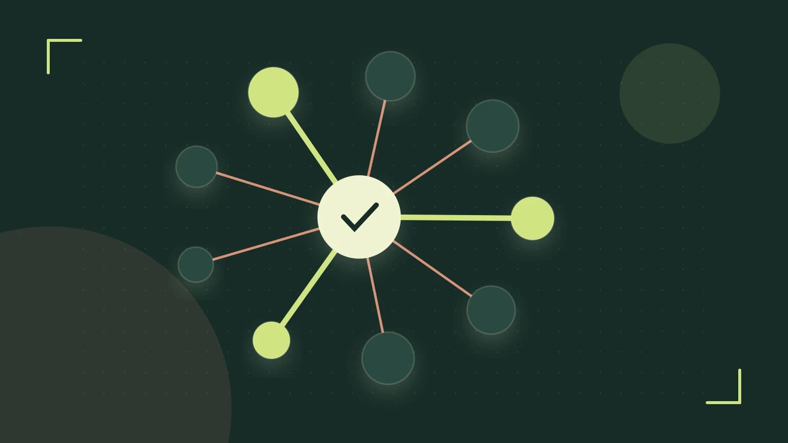 Editorial illustration of an algorithmic node graph with branching paths and a highlighted result