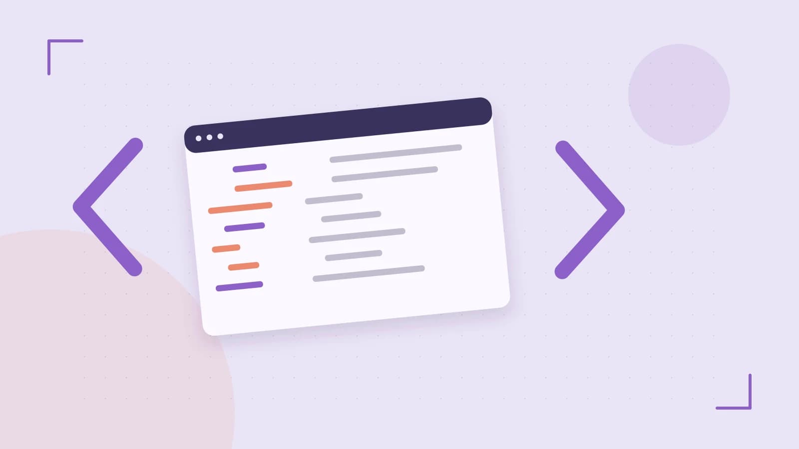 Editorial illustration of an abstract code editor, syntax blocks and oversized programming brackets