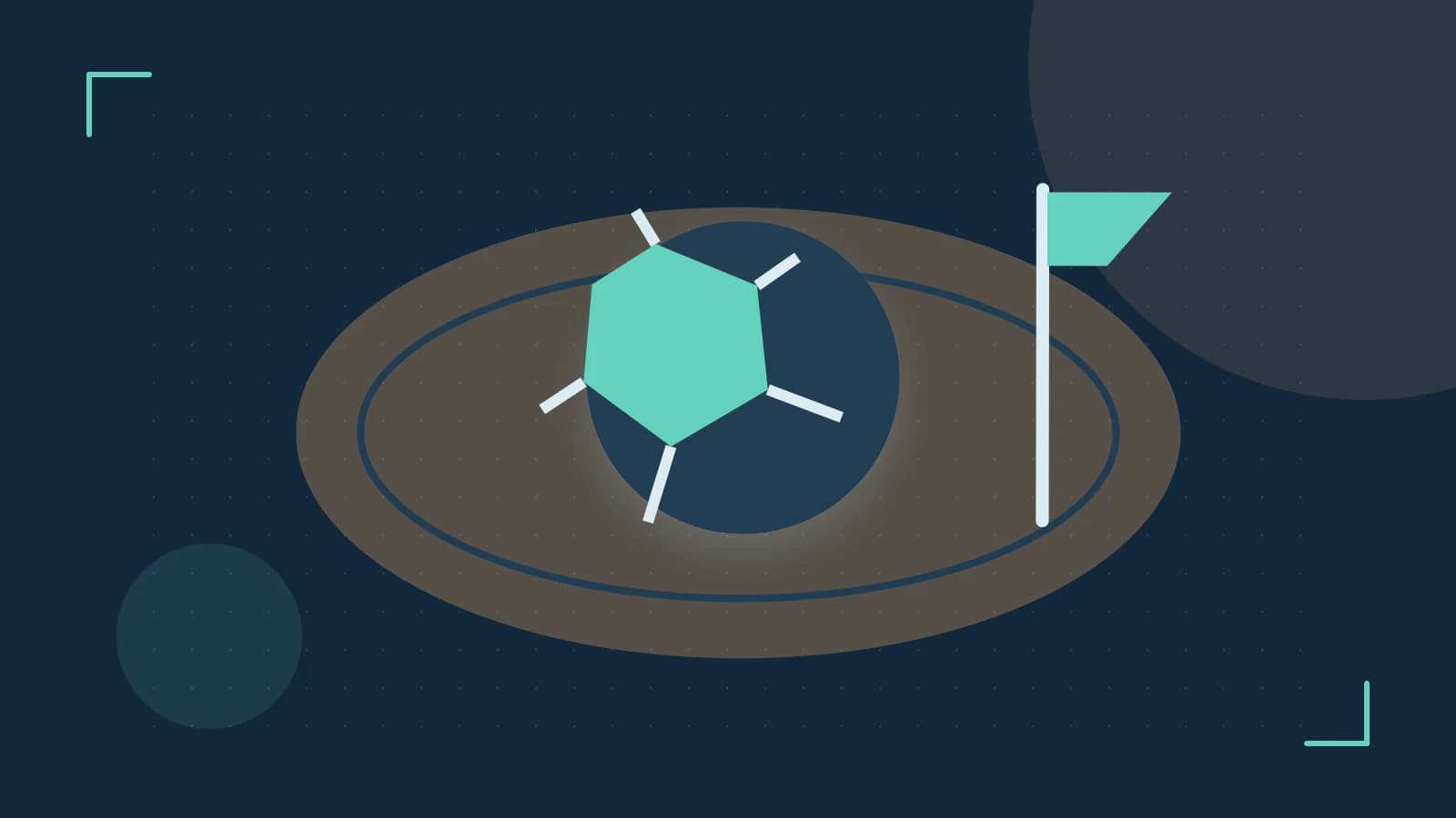 Editorial illustration of a stylized sports ball, stadium geometry and dynamic arcs