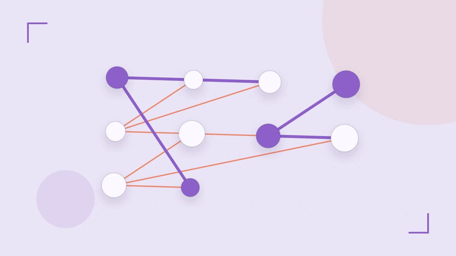Editorial illustration of an algorithmic node graph with branching paths and a highlighted result