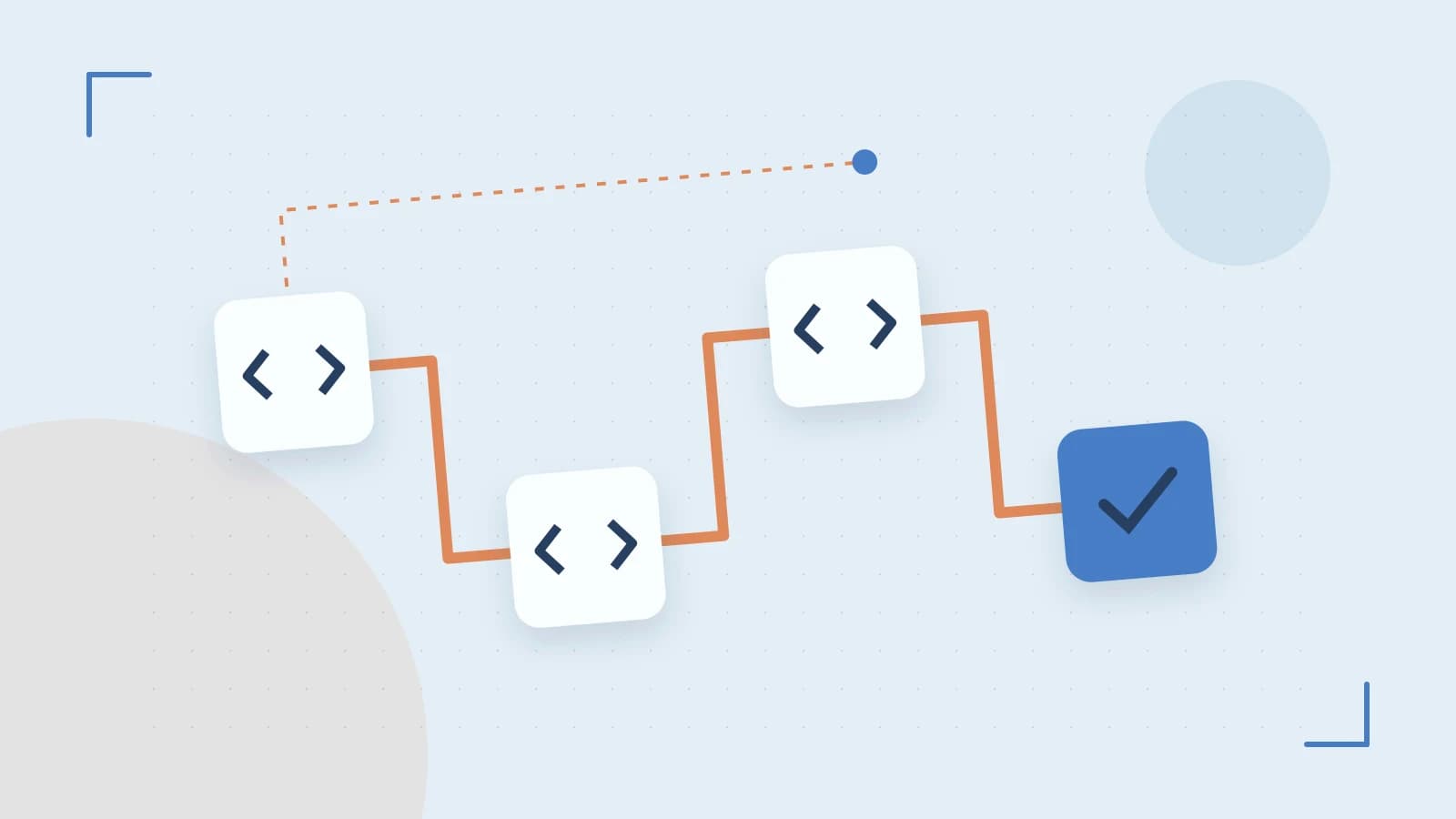 Editorial illustration of a branching build pipeline, staged transformations and a completed check