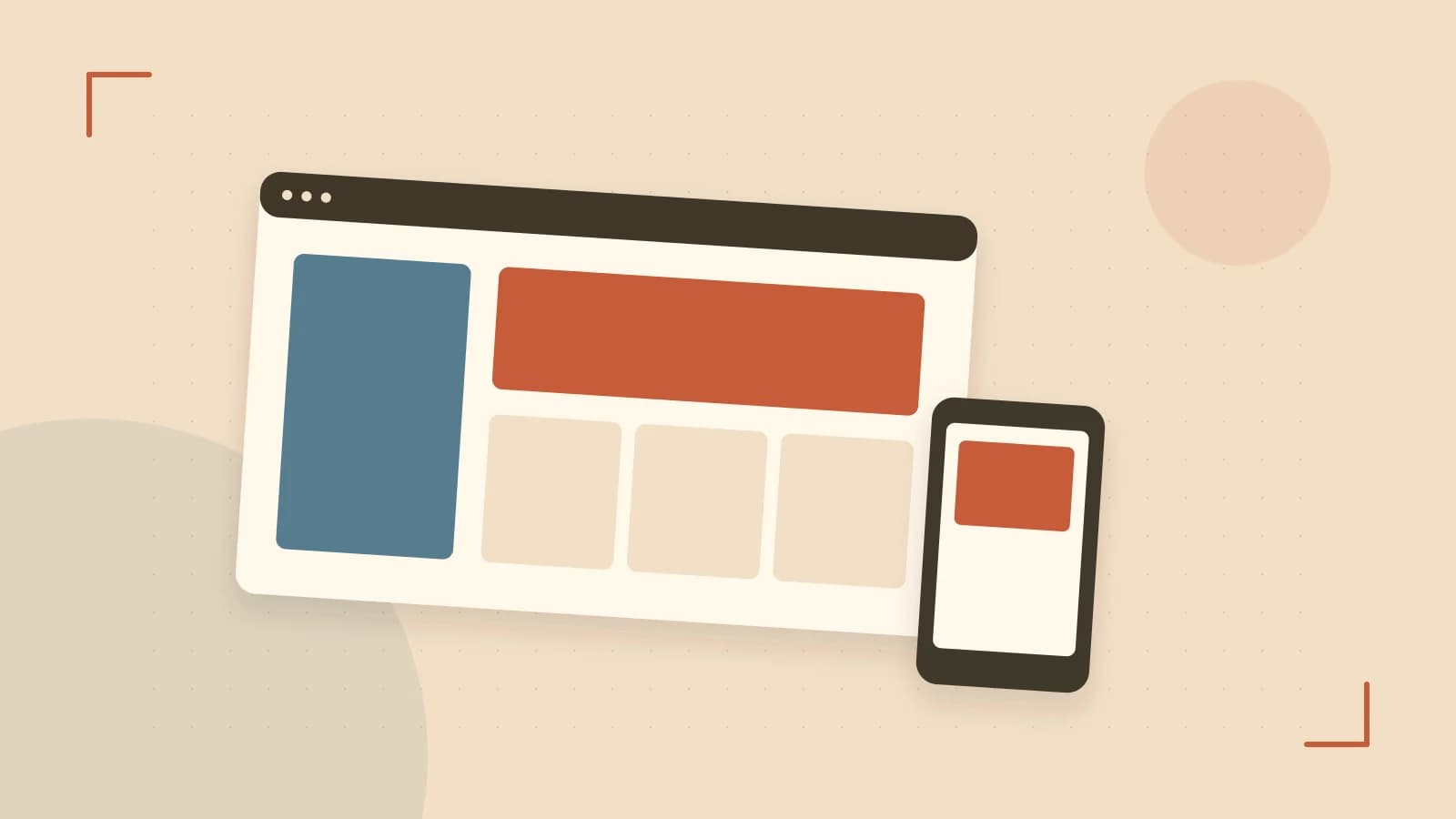 Editorial illustration of responsive browser layouts, overlapping design components and a color system