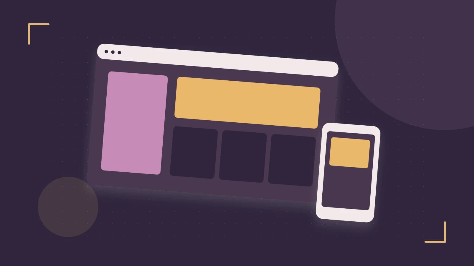 Editorial illustration of responsive browser layouts, overlapping design components and a color system