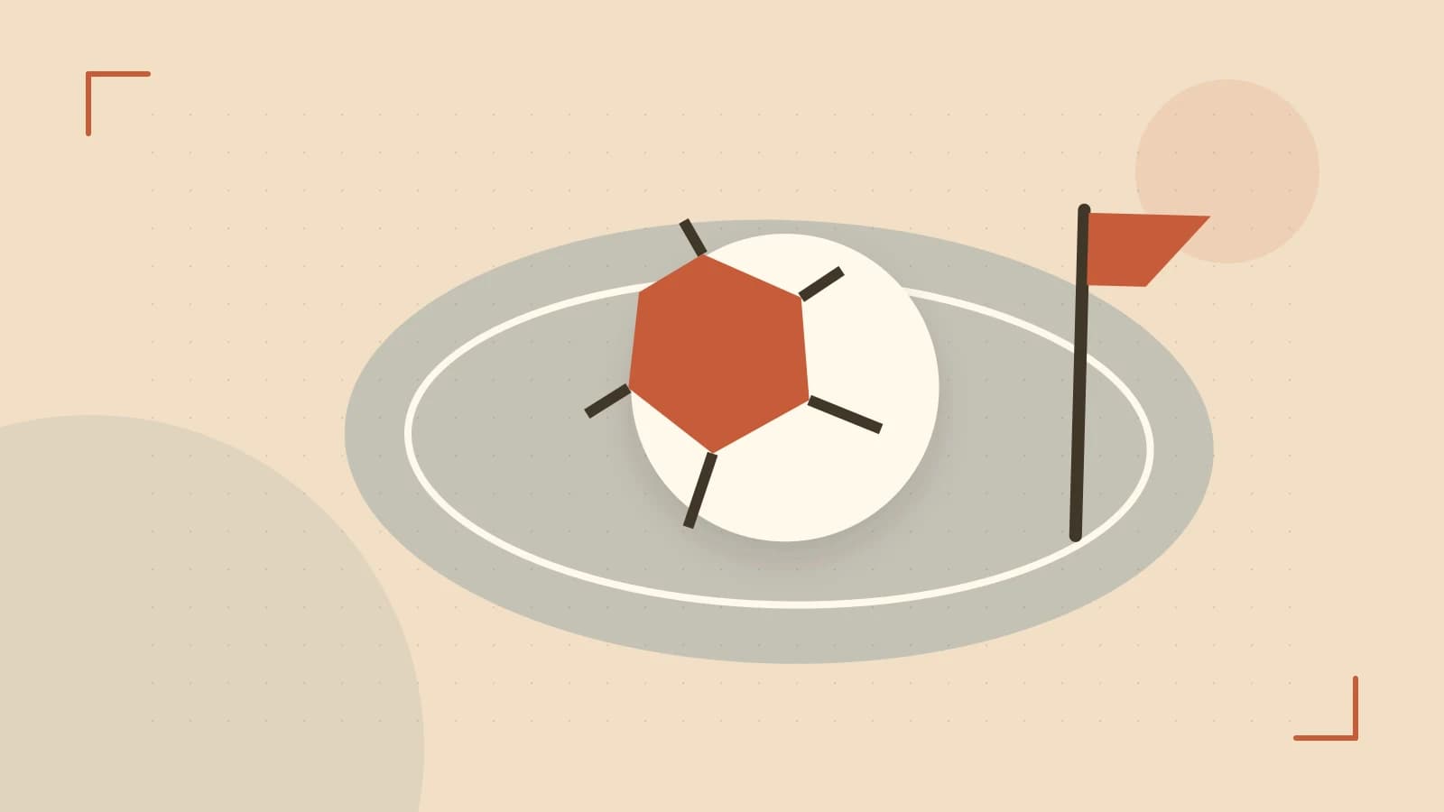 Editorial illustration of a stylized sports ball, stadium geometry and dynamic arcs